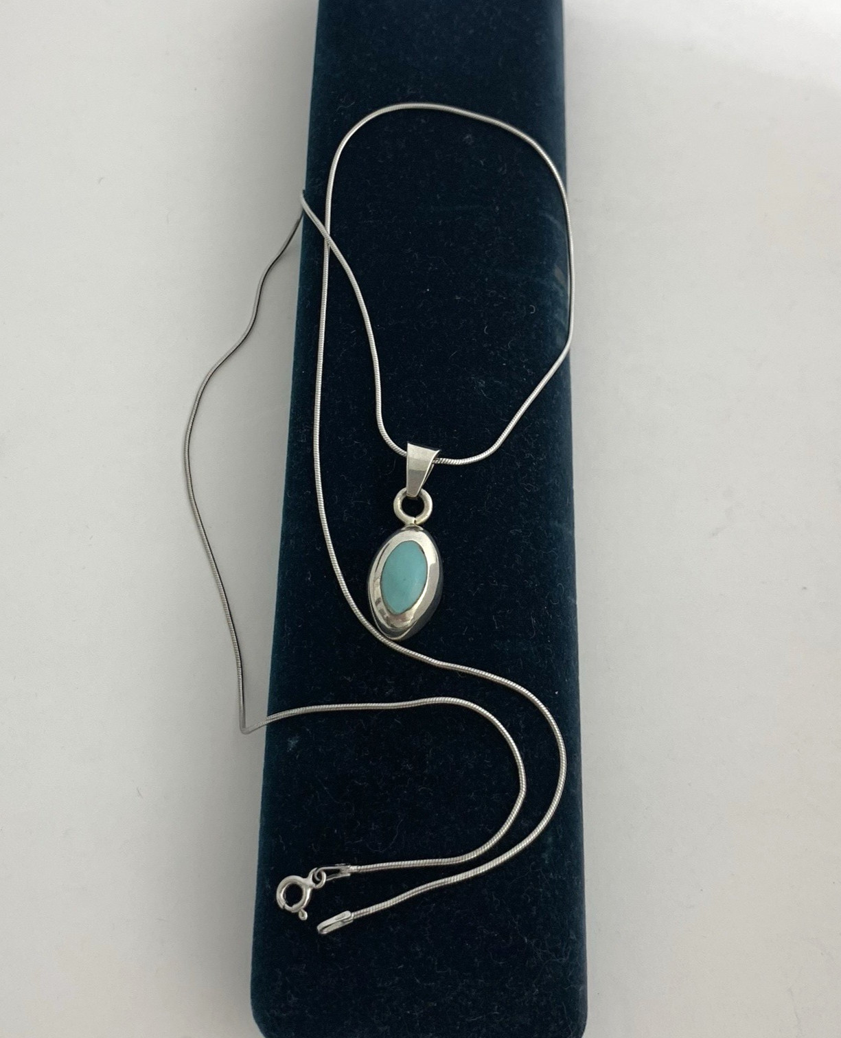 Vintage Mexico 925 Sterling Silver Necklace Blue Turquoise Inlay Pendant
