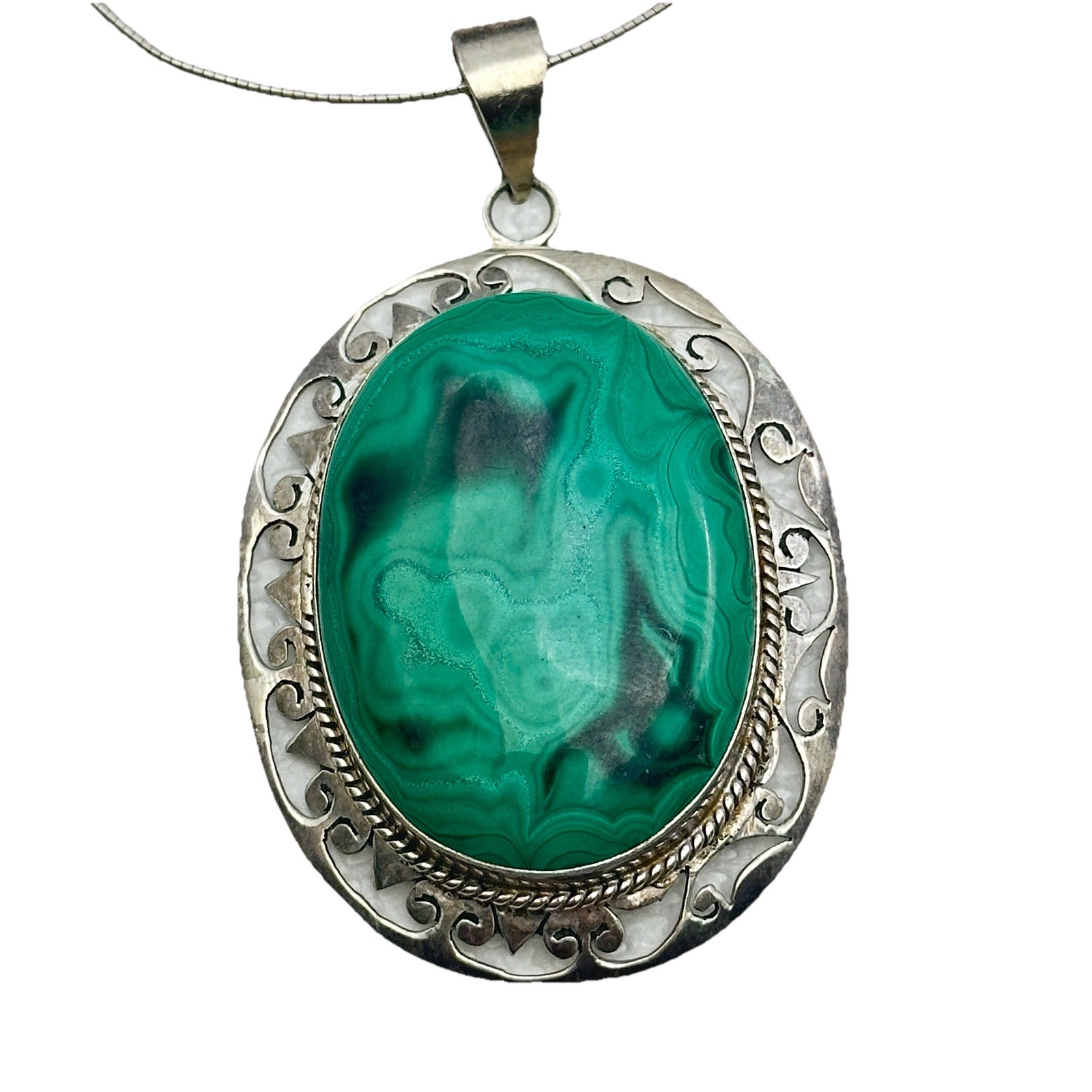 Sterling Silver & Malachite Statement Artisan Pendant Chain Necklace Handmade