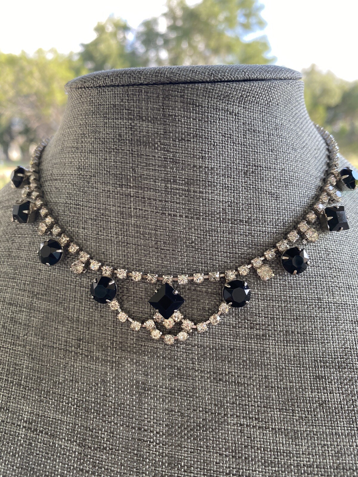 Vintage Chocker Necklace Hook Clasp 14” + 1” Rhinestones Clear Black