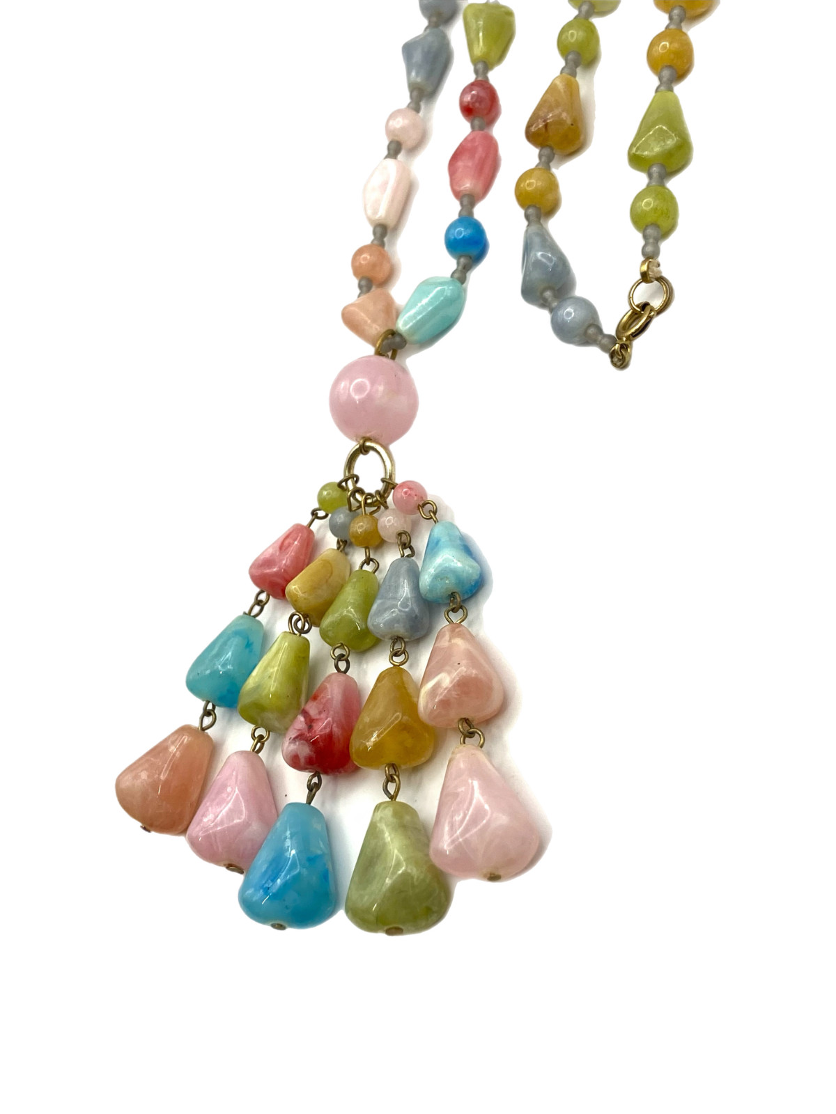 Vintage Chunky Pastel Multi-Color Beaded Tassel Pendant Necklace Plastic 30″