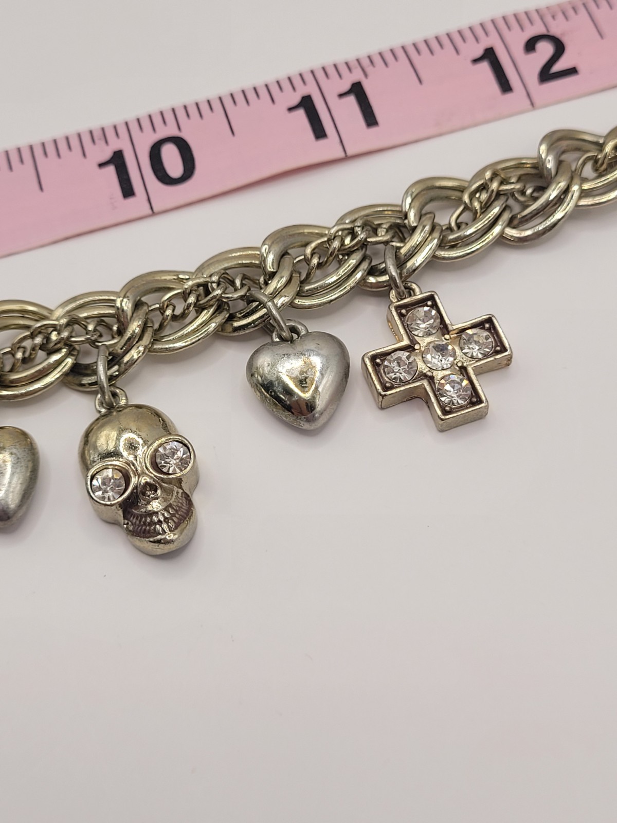 Punk Retro Gwen Skulls Hearts Crosses Charm Necklace Gold Tone Crystals 18″