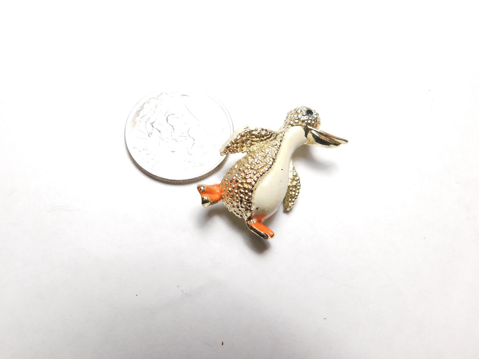 Unique Cream Orange Enamel Penguin Textured Gold Tone Figural Brooch Vintage