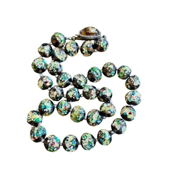 VTG 60s Art Glass Necklace Japan Foil Confetti Colorful Japanese beads 16″