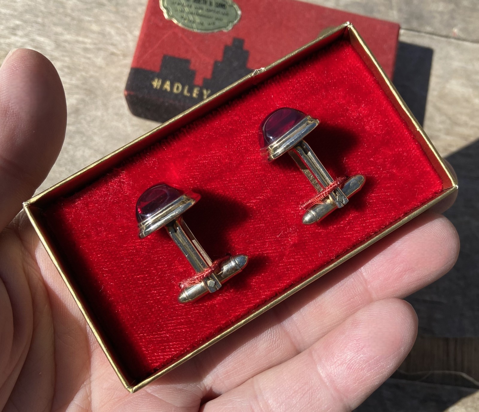 Vintage HADLEY Simulated Red Gemstone Cufflinks Original Box & Jeweler’s Label