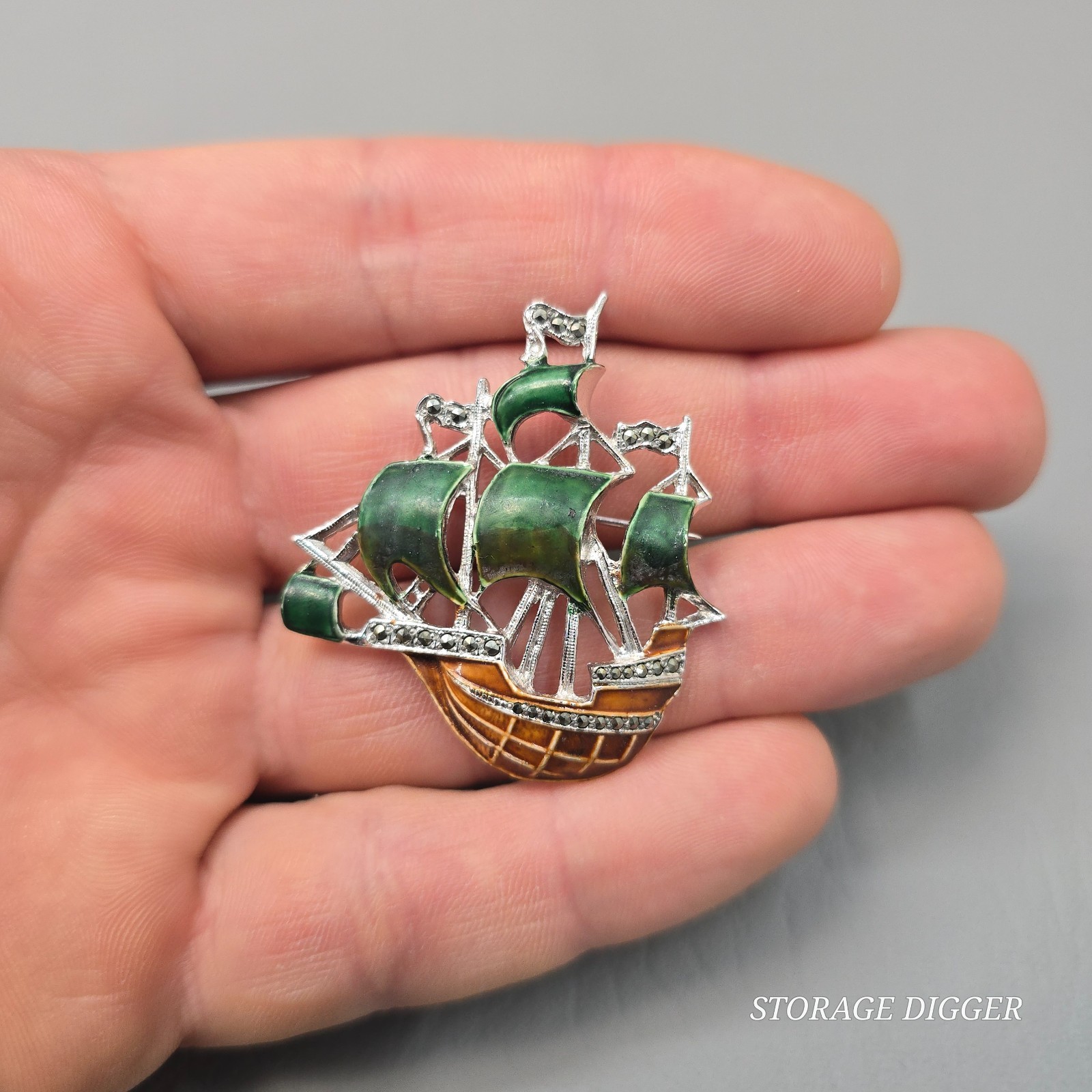 Vintage German Enamel Metal & Marcasite Galleon Ship Brooch Pin 1.75″ Long