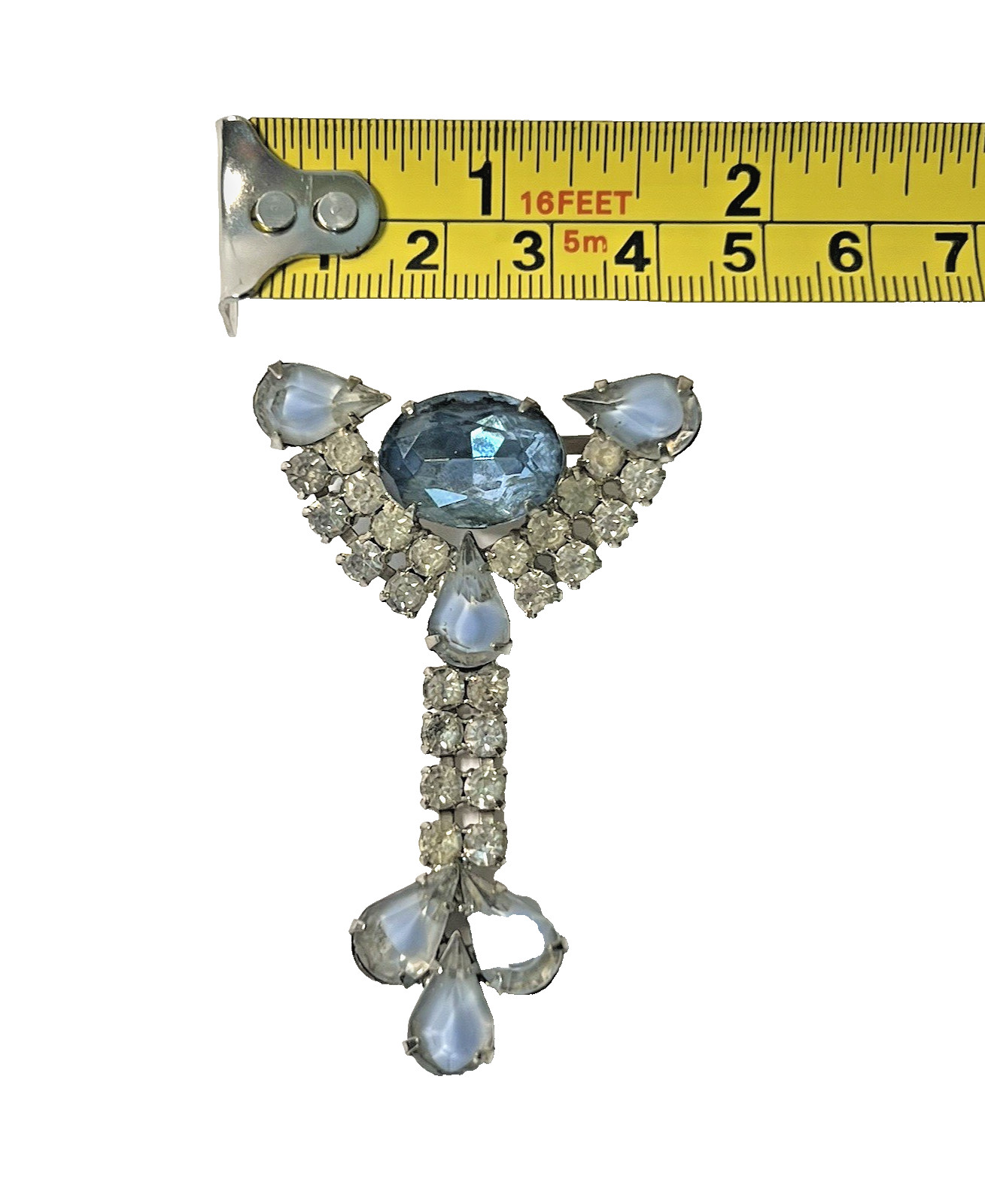 Lrg Vtg Blue Tones Rhinestone Dangle BROOCH w Earrings