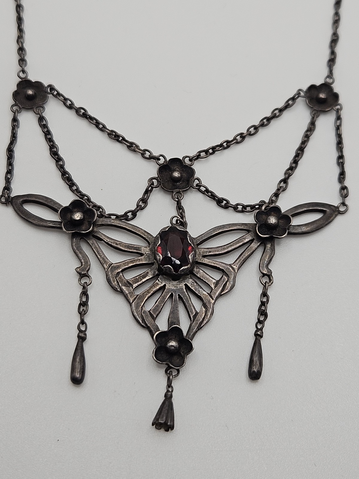Vintage Victorian Revival Festoon Sterling Red Garnet Flower Necklace As Is