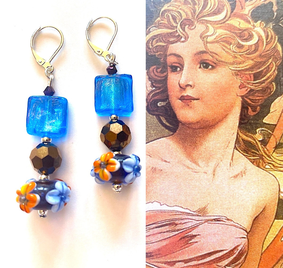 Artist-made EARRINGS Lamp-work Sterling Floral Lamp-work OOK New Dangler