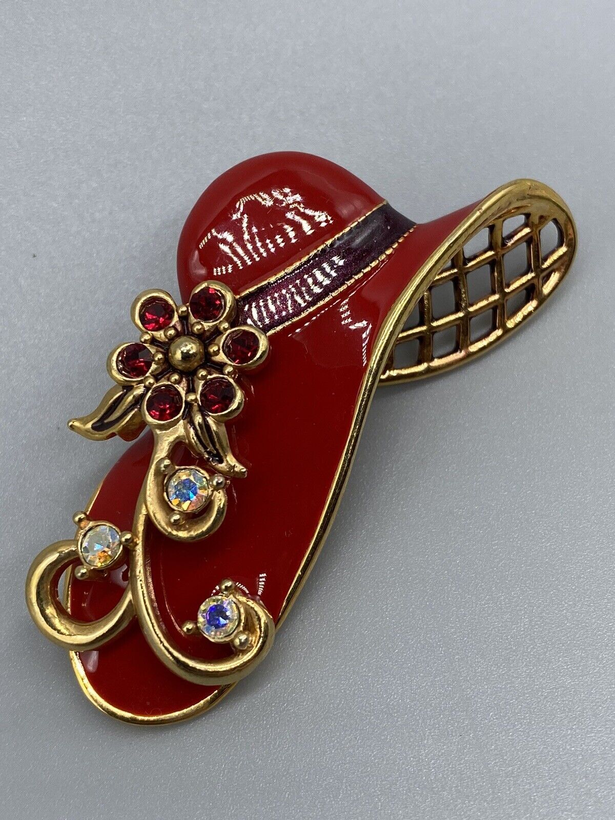 Vintage 1960s Brooch Pin Lapel Lady Hat Red Enamel Rhinestone Gold Tone