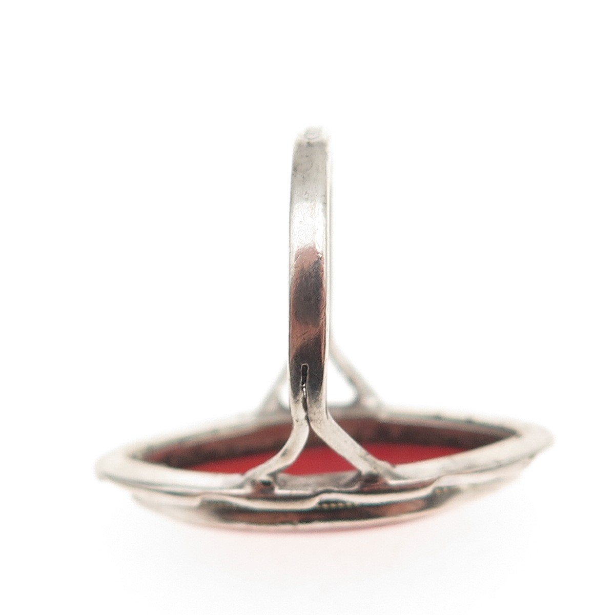 800 Silver Antique Art Deco Real Coral Marcasite Ring Size 6.75 (missing stone)