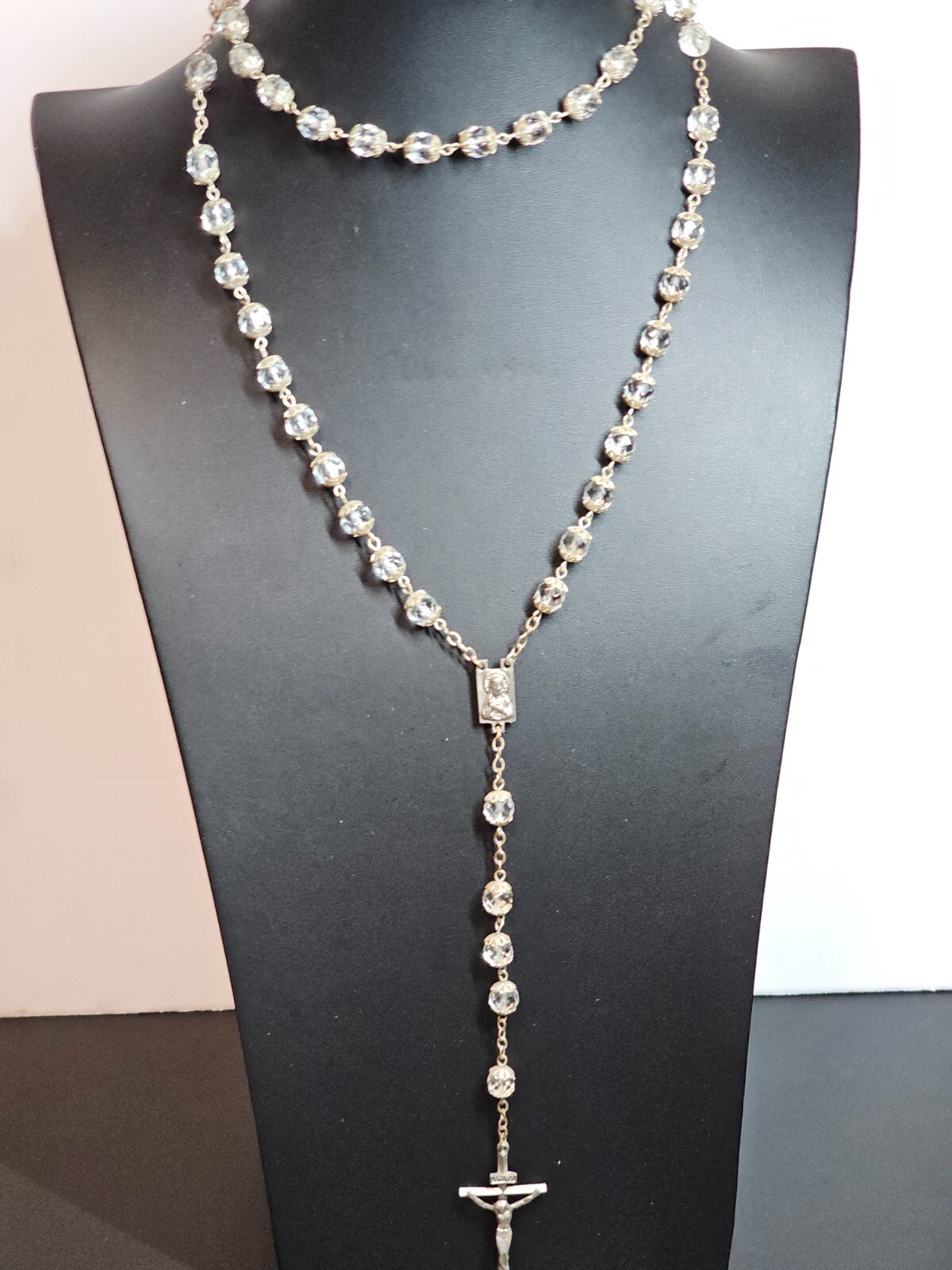 Vtg Crystal Glass Rosary Crucifix Necklace