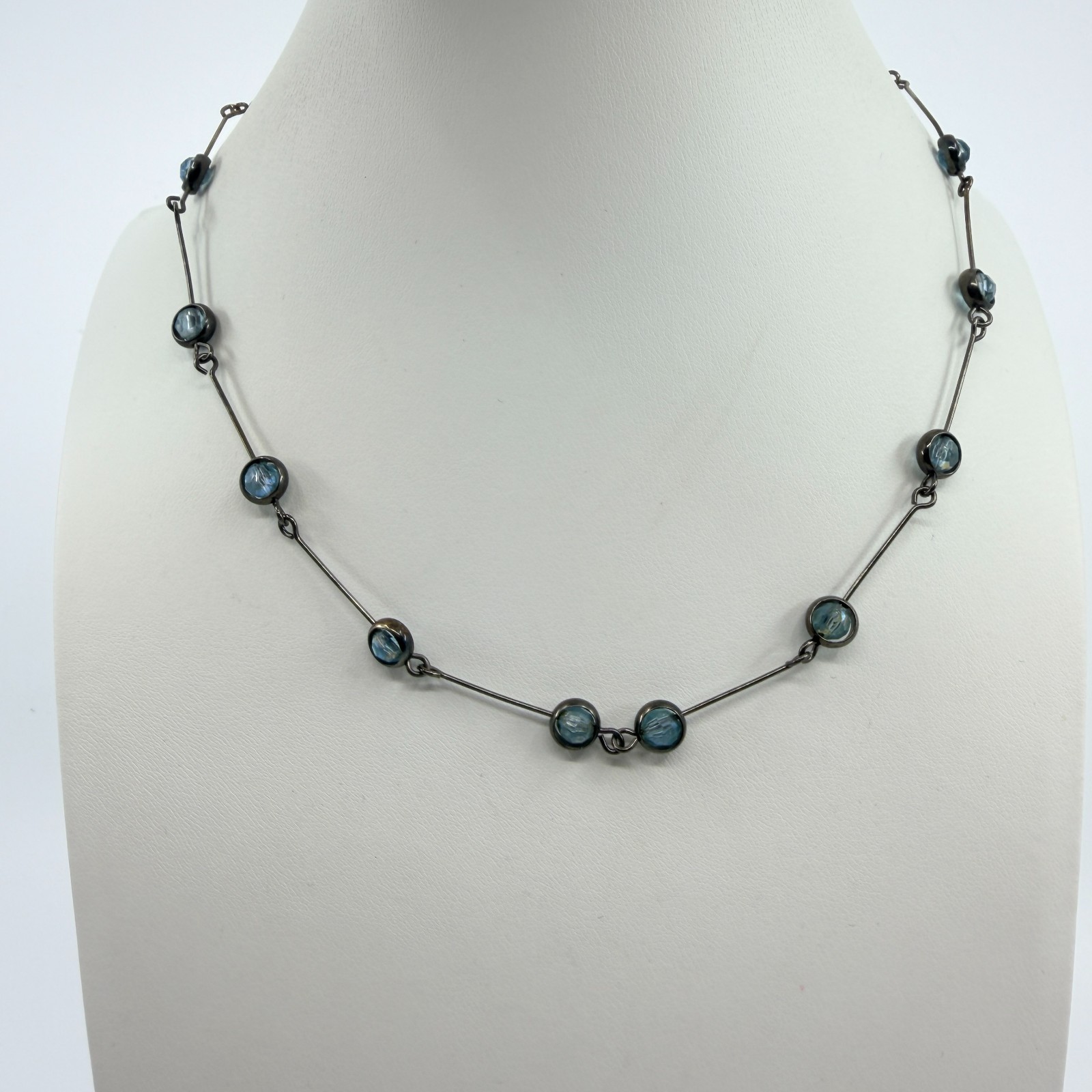 VTG Gunmetal Tone Blue Crystal Glass Necklace Station Link Bar Dainty Minimalist