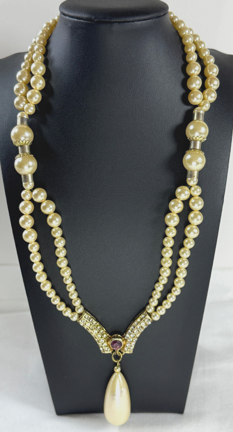 vtg 18″ Double Strand Faux Pearl Teardrop V Necklace 10kt Gold plated Wedding