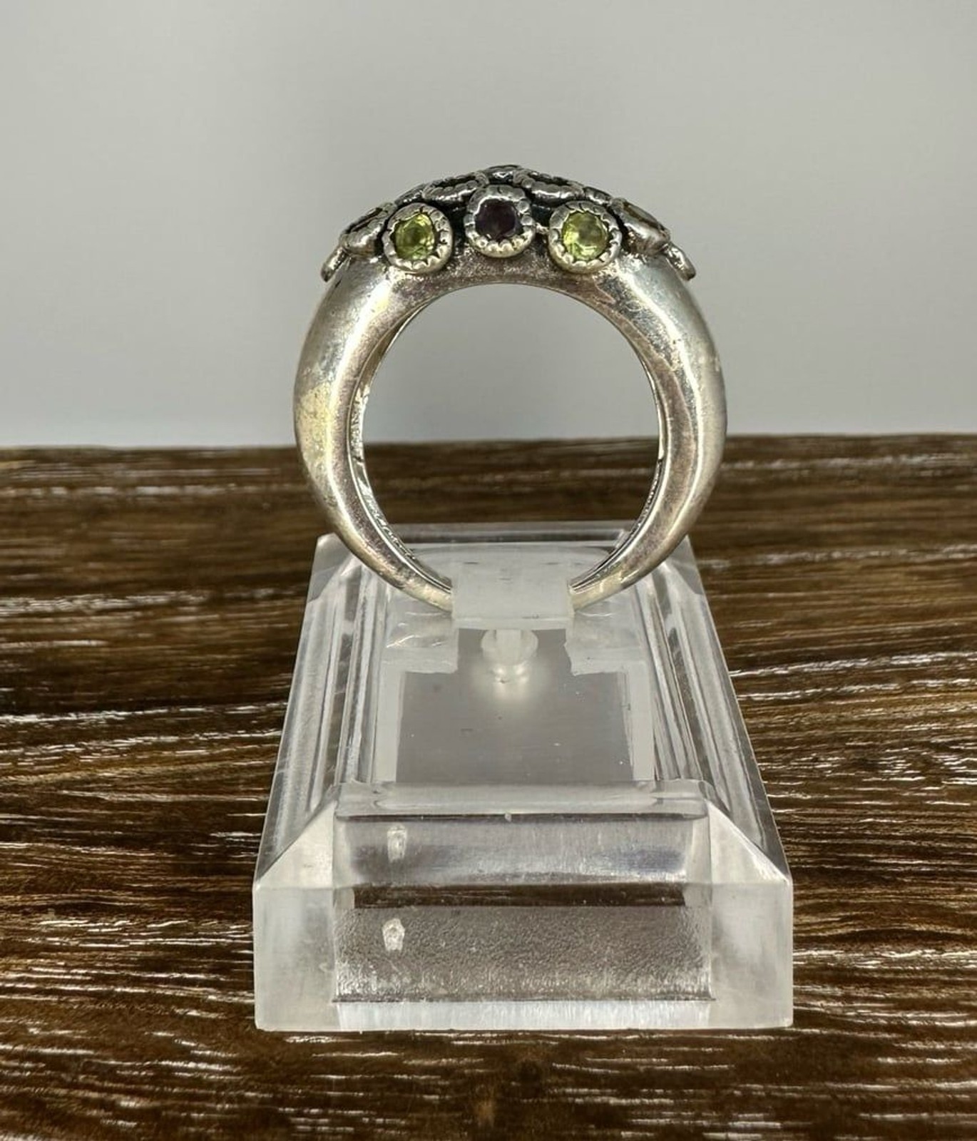 Vintage Sterling Silver Multicolor Gemstone Cluster Dome Ring Size 8.75