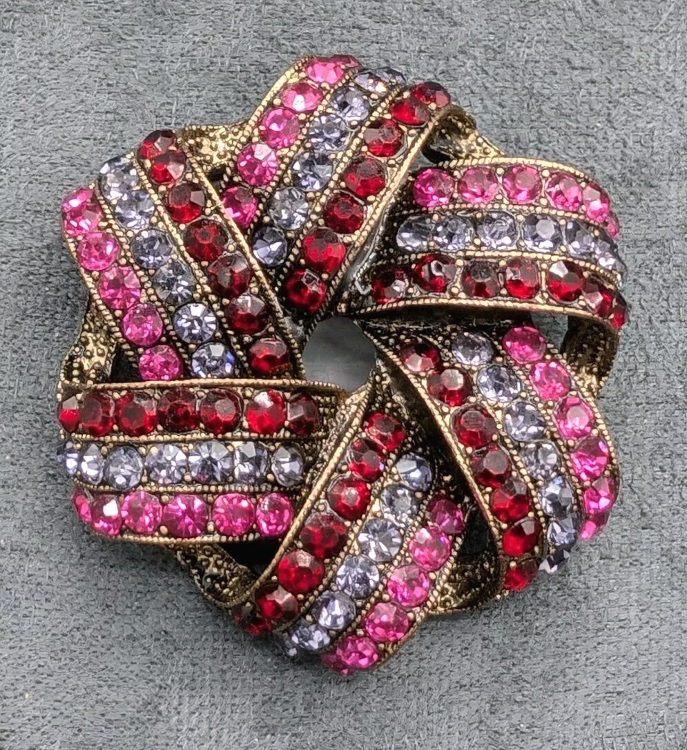 Vintage Signed Monet Ribbon Brooch Purple, Pink, Red Rhinestones