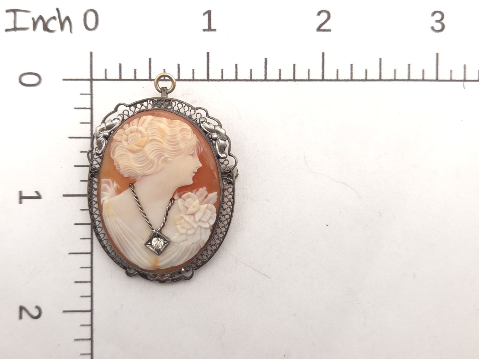 Art Deco Sterling Silver Carved Shell Habille Cameo Paste Stone Brooch Pendant
