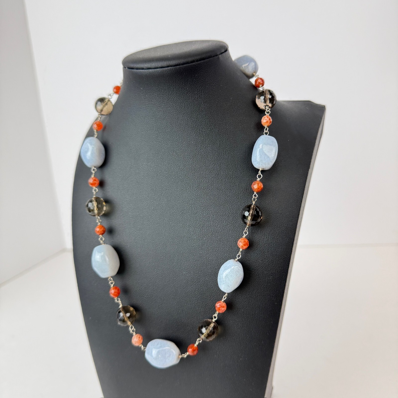 Polished Agate Blue Gemstone Smoky Quartz Faceted 19″ Chain Necklace 925 Clasp