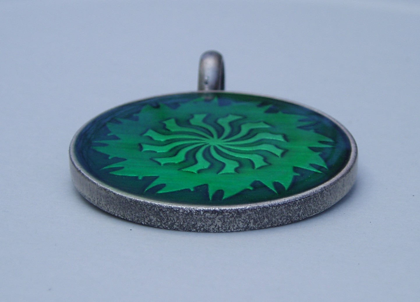 2 Vintage Pendants Epoxy Resin Pewter Metal Large Blue Floral & Green Sun Burst