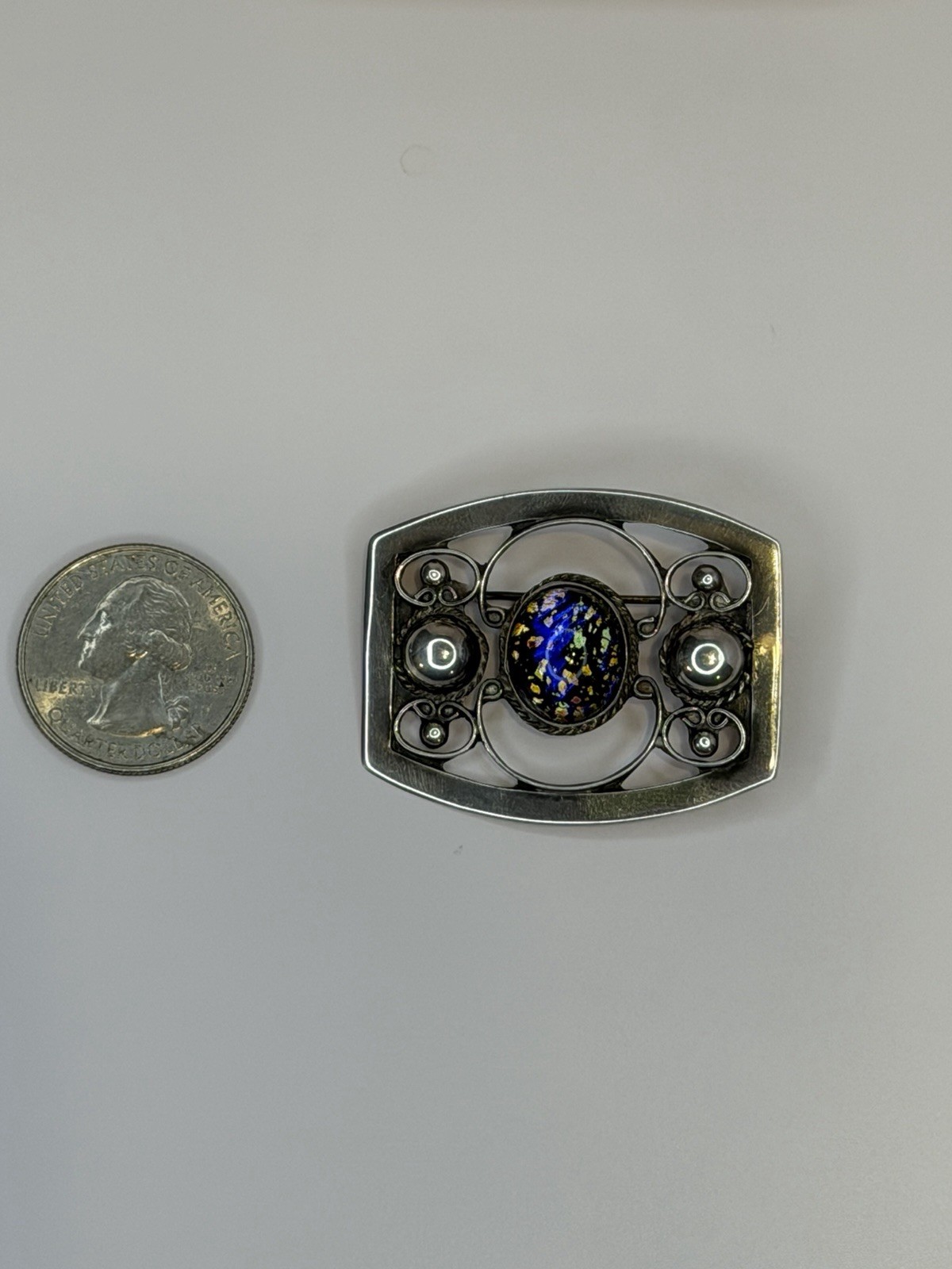 Vintage Mexican Sterling Silver Brooch R.J.R. 925 Art Glass Abalone Pin 1 5/8”