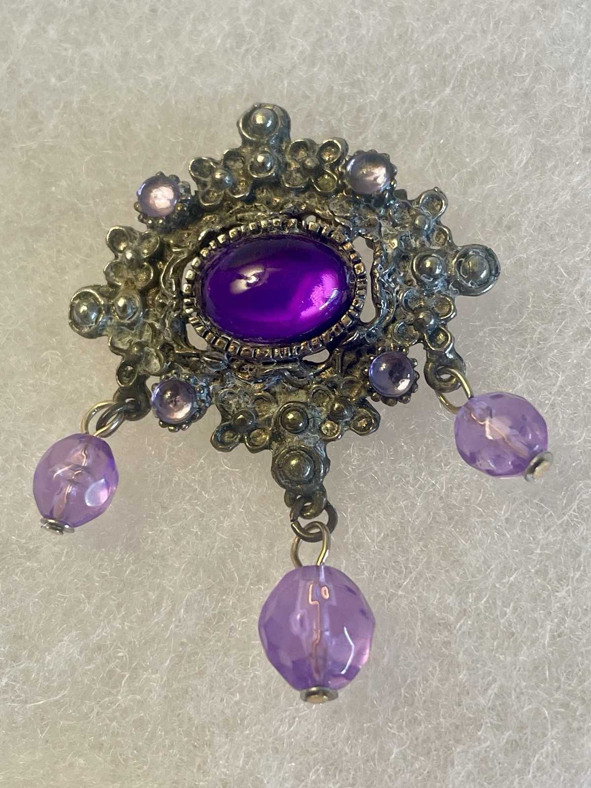 Faux Amethyst Cabochon Brooch with Hanging Amethyst Crystals Vintage