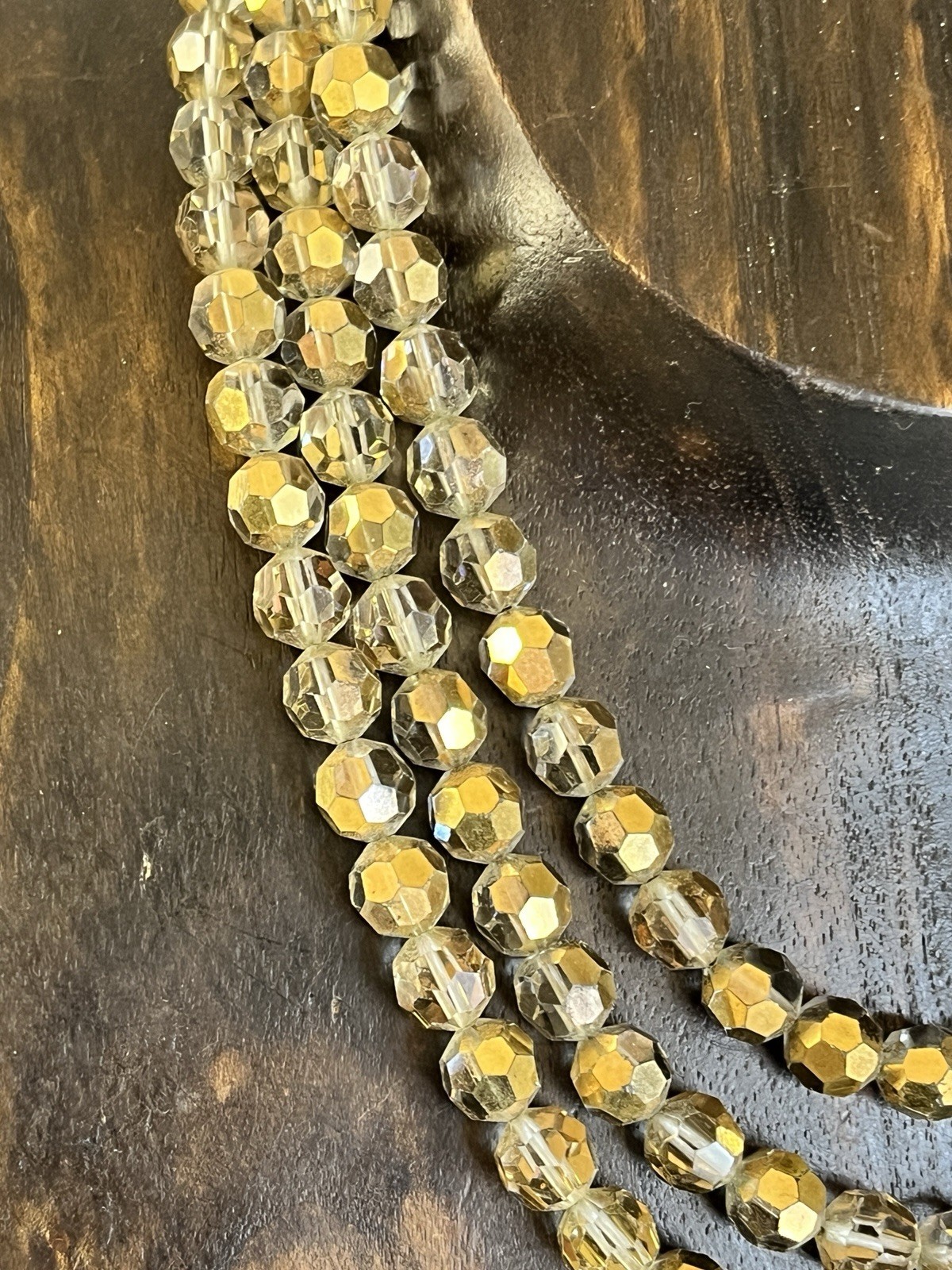 Silver Gold AB Beaded Necklace and Clip On Earrings Set Three Strand Necklace