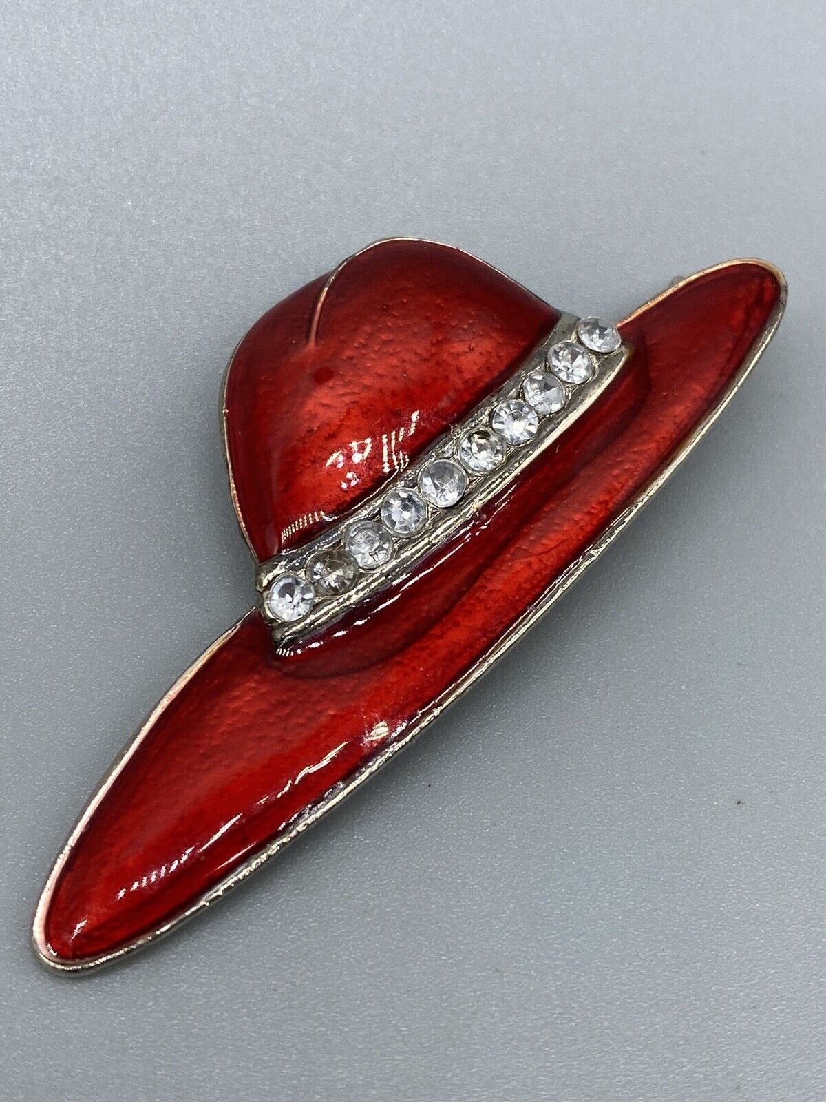 Vintage Lady Hat Red Enamel Rhinestones Silver Tone Pin Brooch