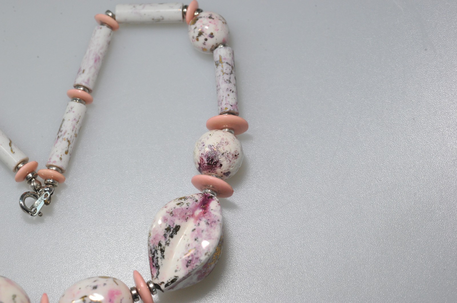 Necklace signed romantic cottage core ceramic hand painted pink ivory gold 18″