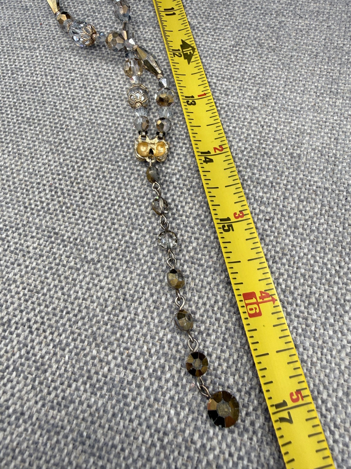 Vintage Necklace Faceted Crystal Gray Beads Gold Tone Accents Adjustable Length