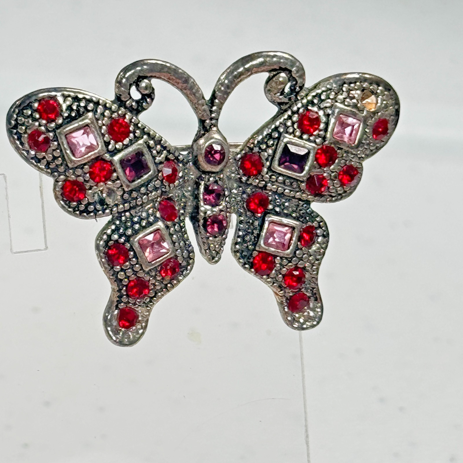 Vintage Brooch Butterfly Gunmetal Red Pink Rhinestone Pavé Statement Pin mcm