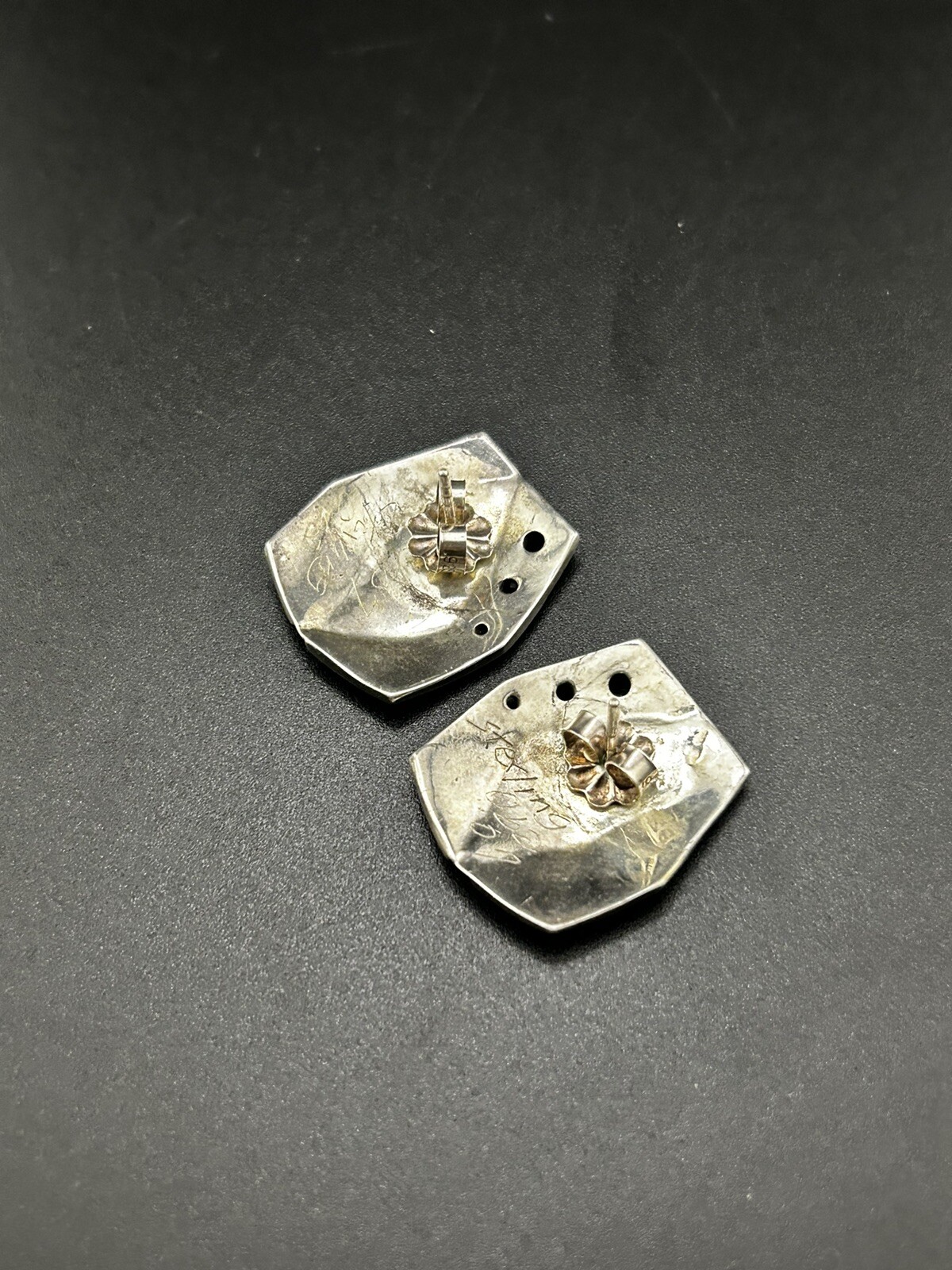 Vintage Sterling Designer Signed Geometric Mixed Metal Textured Accent Earrings