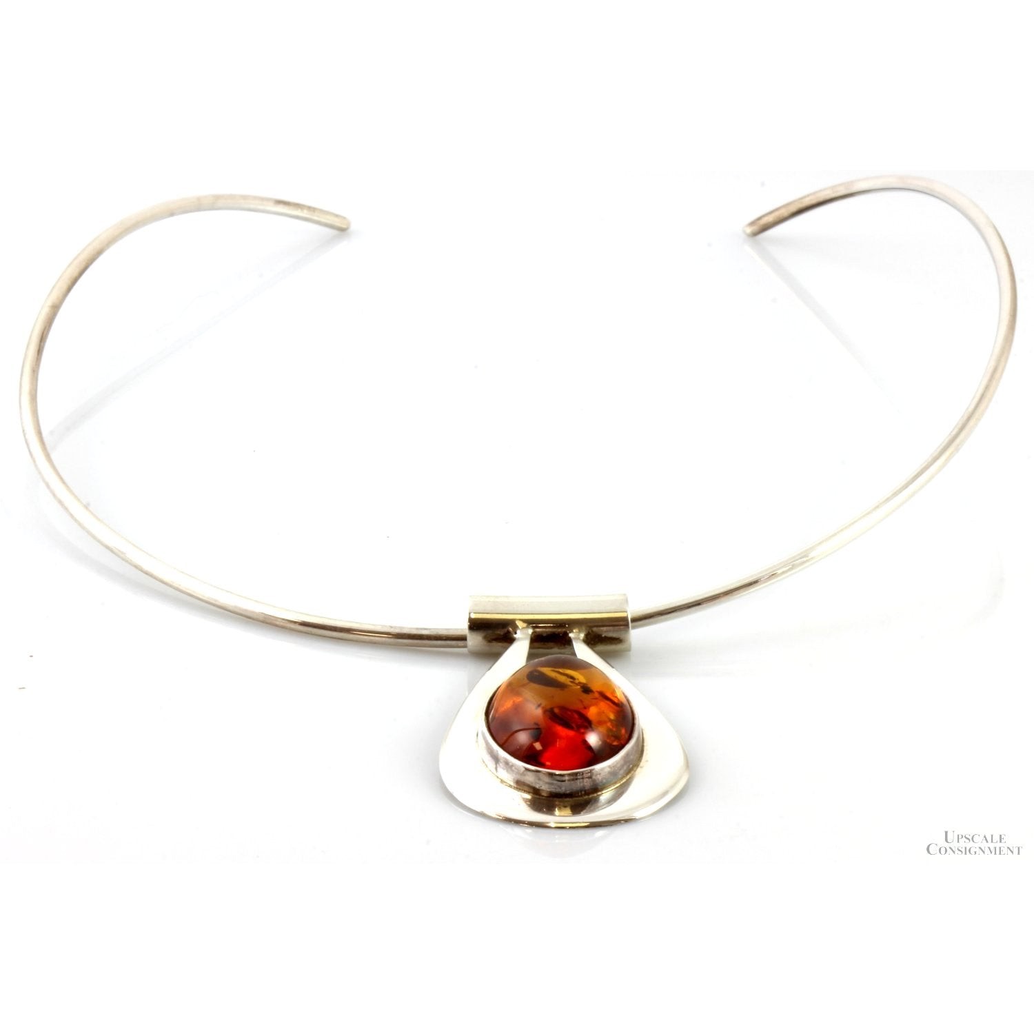 Designer Sterling Silver Amber Pendant & Torque Collar – 17 in