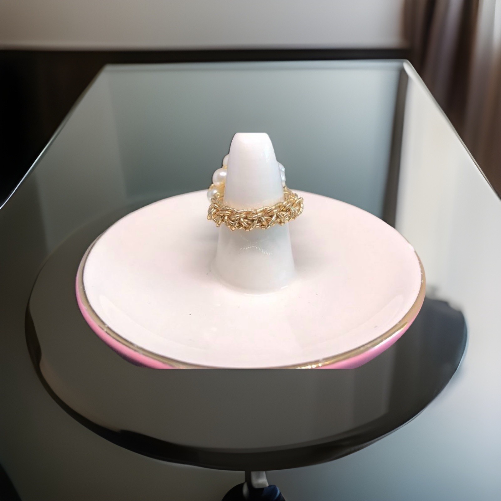 Vintage Faux Seed Pearl Cluster Ring On Metallic Stretch Band
