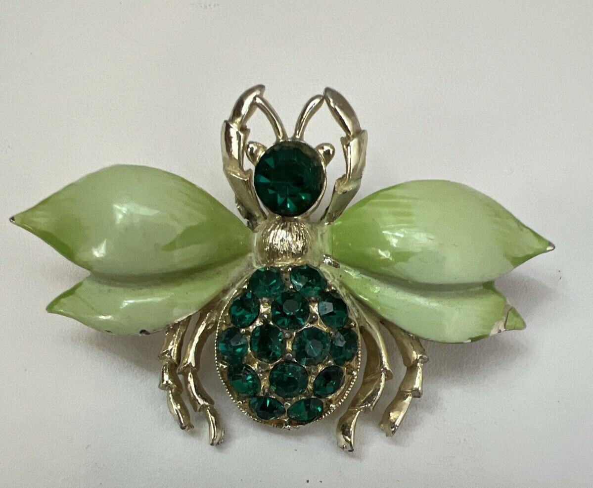 Vintage Emerald Green Rhinestone Lime Green Enamel Flying Insect Bug Brooch