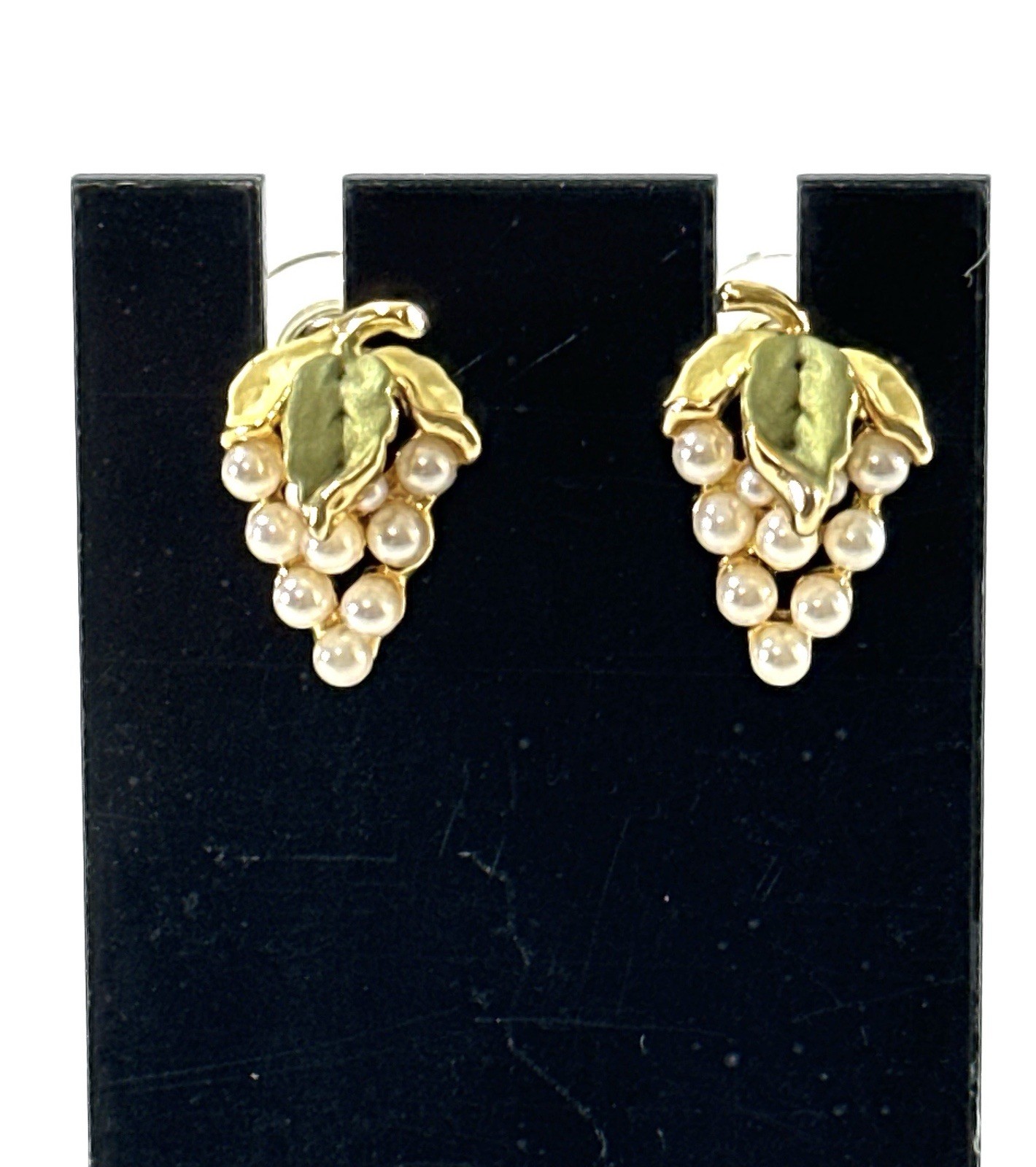 Vintage Faux Pearl Grape Cluster Earrings Gold Tone Green Leaves Stud Earrings