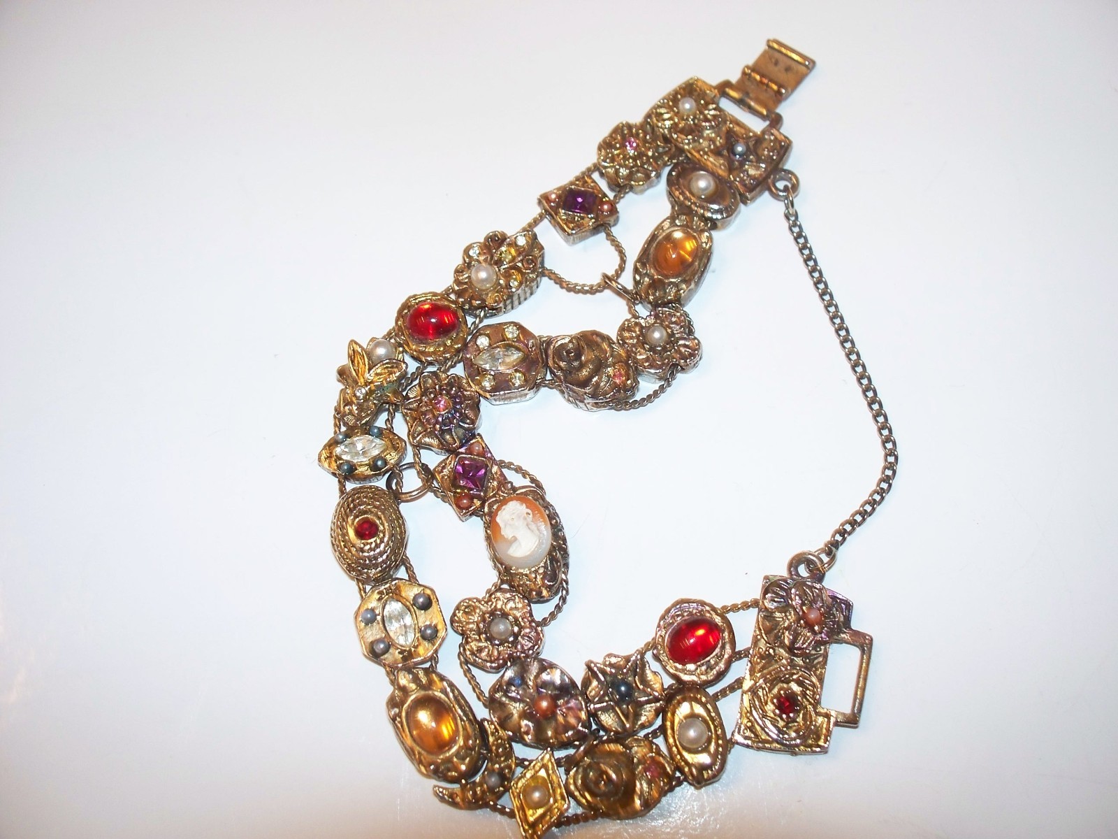 Vintage Faux Jewel Slide Double Row Charm Bracelet Cameo Amethyst Rhinestones