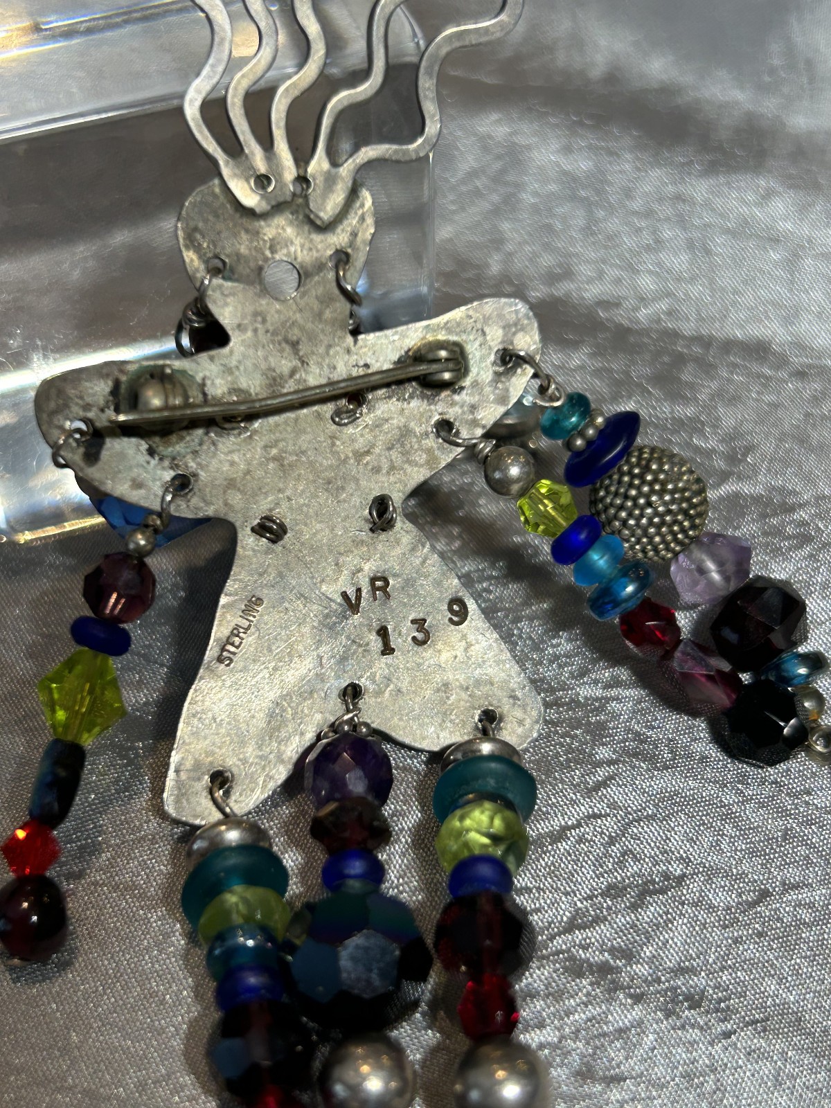 STERLING SILVER WILD WOMAN PIN – 5″ LONG -GEMS AND GLASS