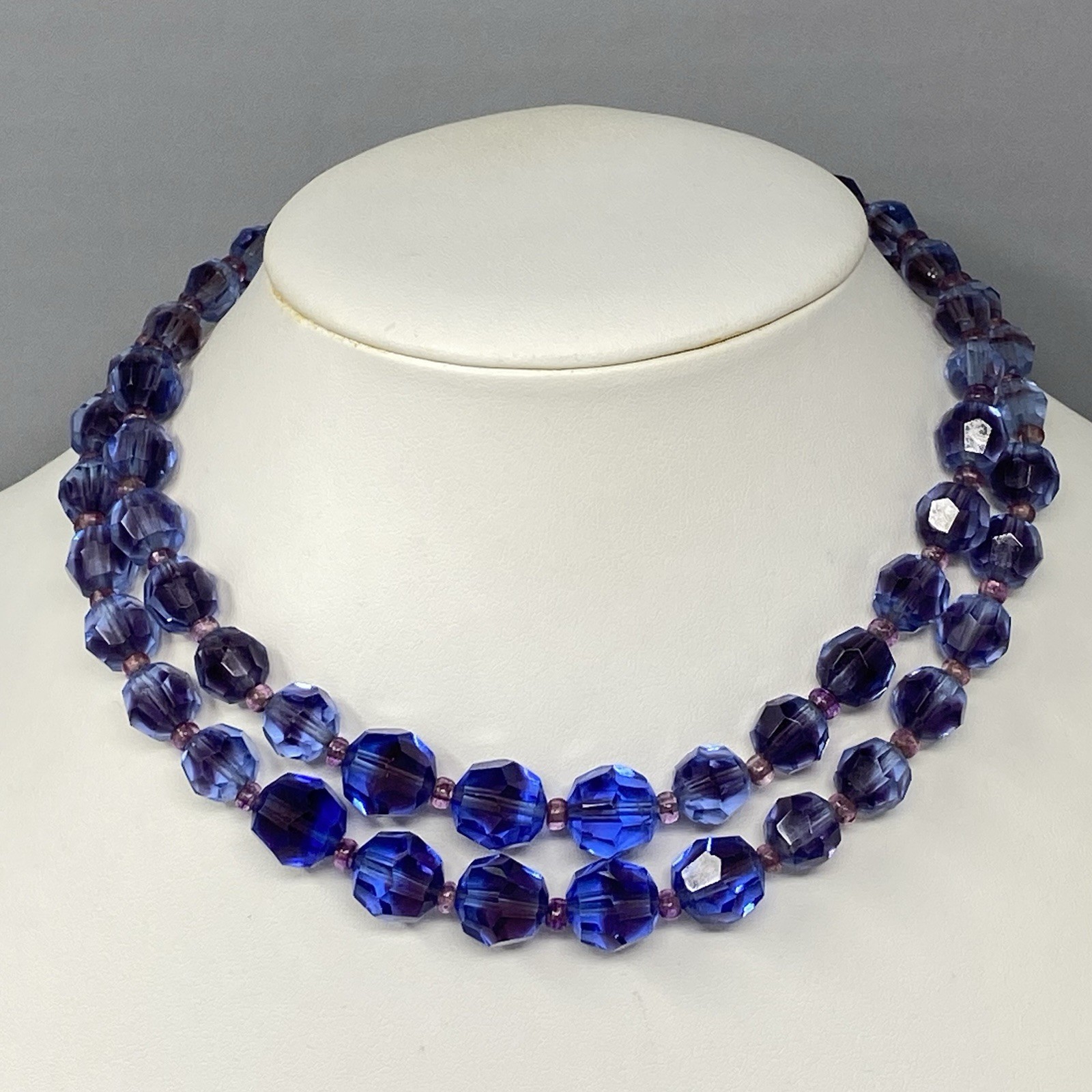 VTG Marvella Czech Glass Beaded Necklace Cobalt Blue Purple Coated Stunning 15″