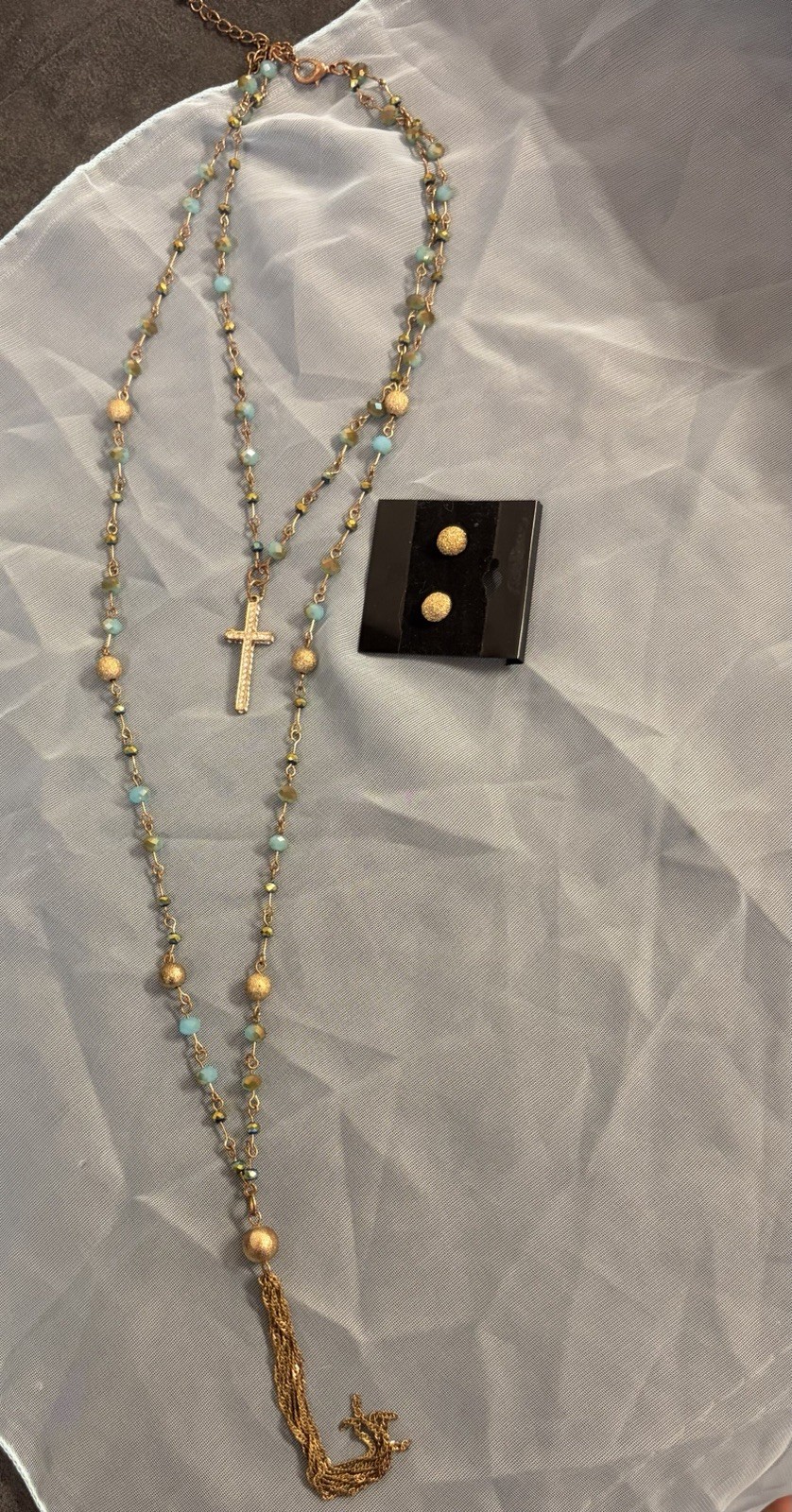 Vintage Rosary Style Choker Necklace 20” Blue Crystal + Gold Stardust Earrings