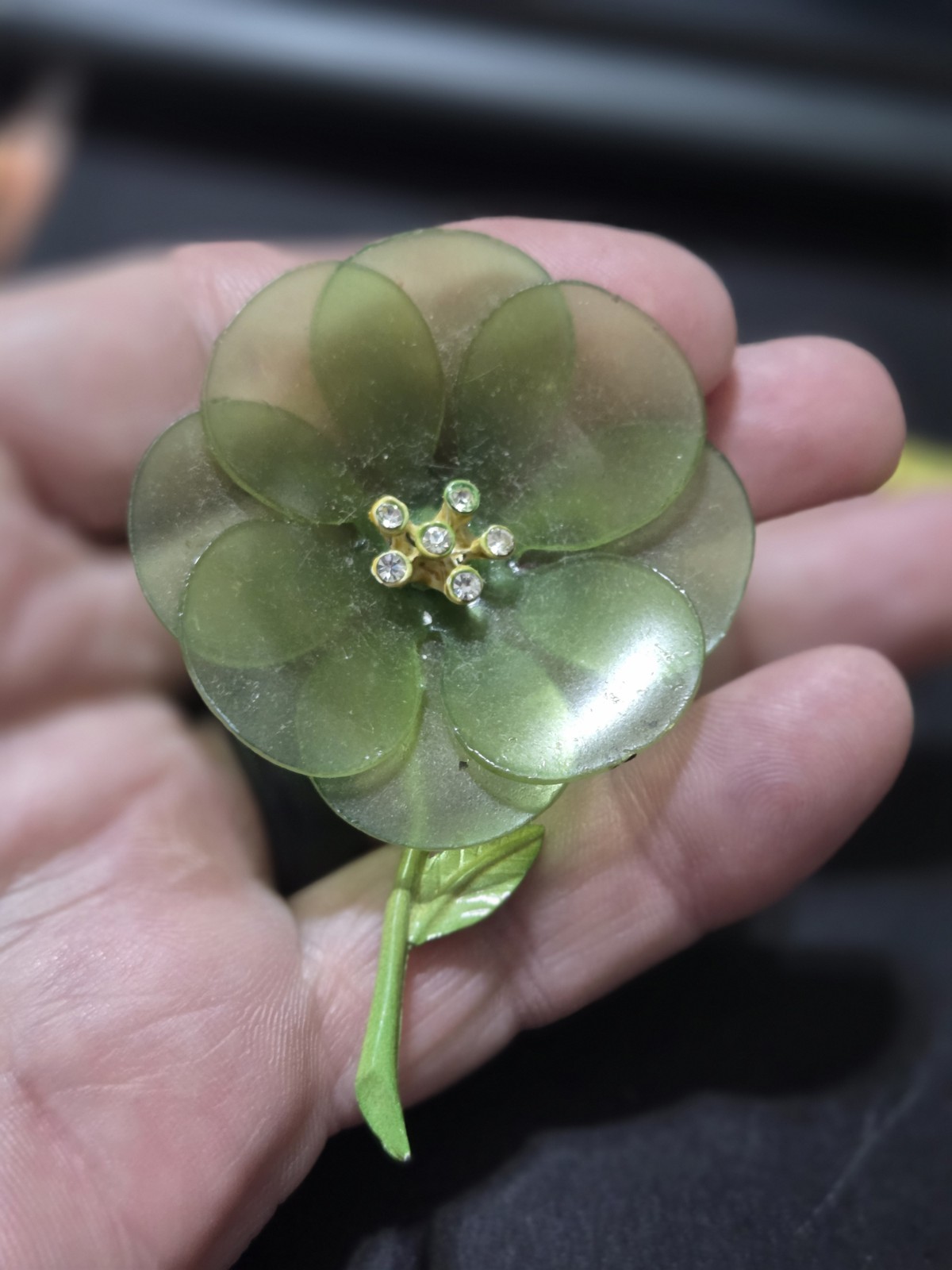 Vintage LIME GREEN Stemmed FLOWER High Relief PIN BROOCH Pin