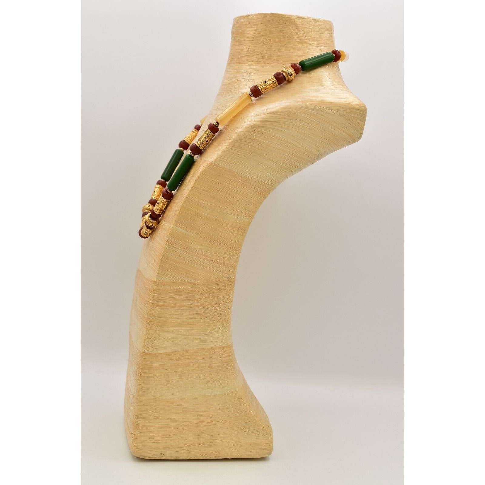 Vintage Beaded Necklace Brushed Gold Green Red Clay Tribal Chunky 1970s BinBN