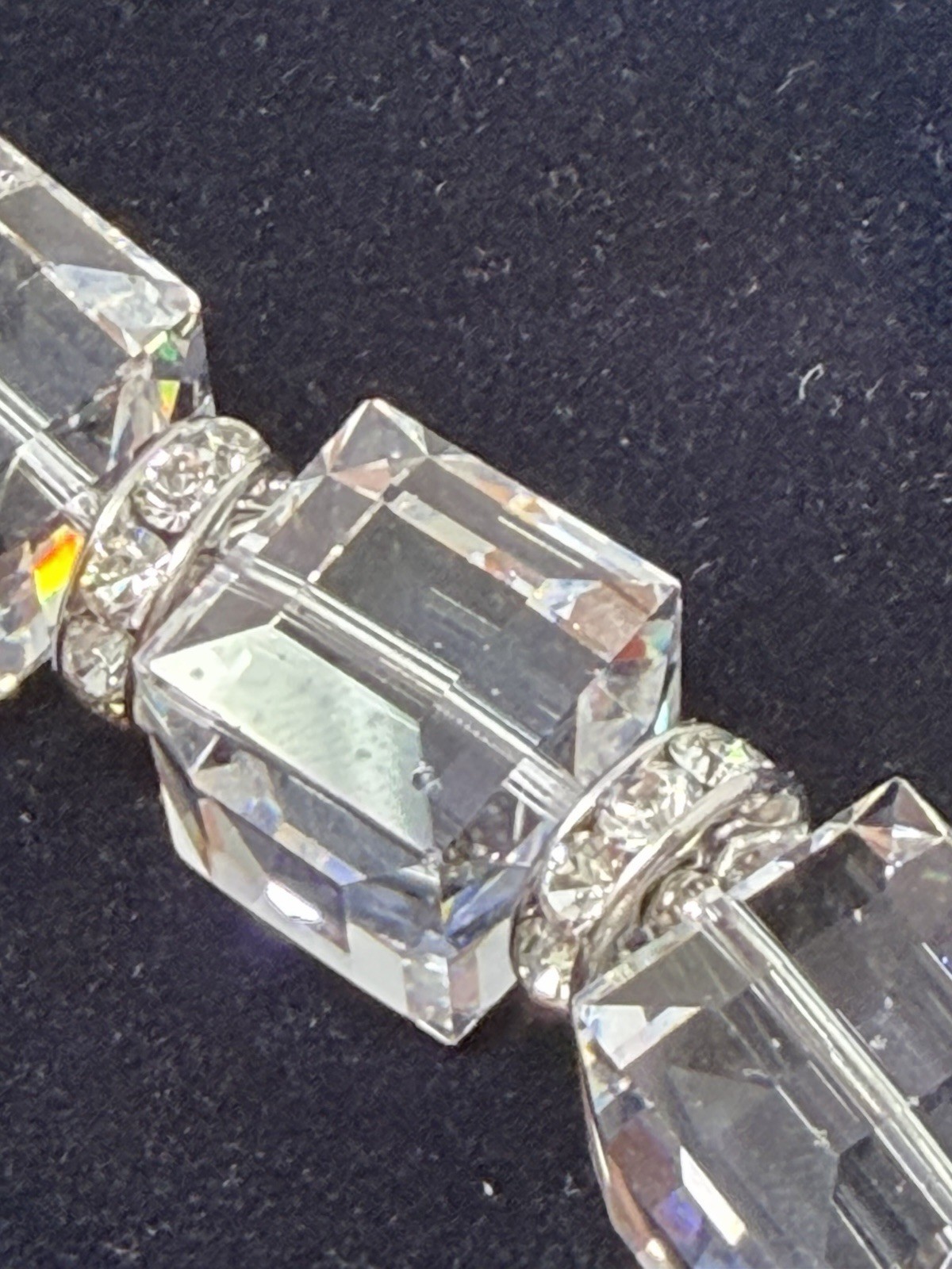 Swarovski Swan Signed Clear Emerald Cut Crystal Necklace Silver Tone 16in Read