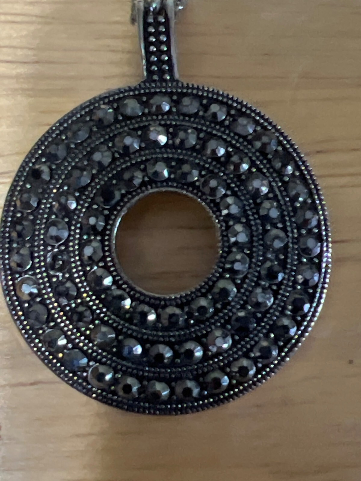 Vintage Black Circle Pendant Necklace With Rhinestones Silver-Tone Chain Gift