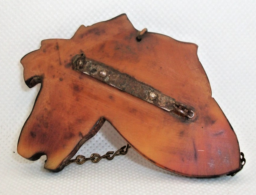 Vintage As Is – Carved Bakelite Brooch Pin – Redish Brown- HORSE Head w/Chain