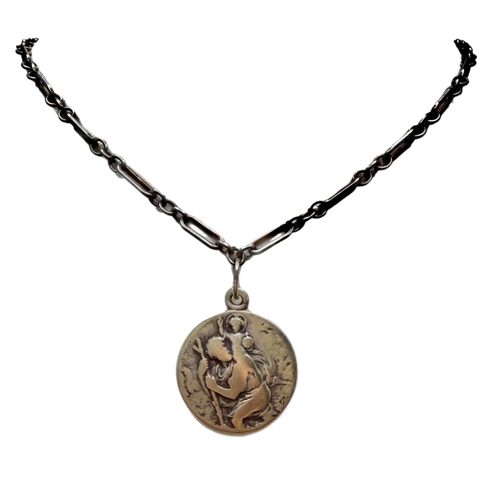 LUX Antique St Christopher Pendant Necklace, Double Sided, Sterling Silver
