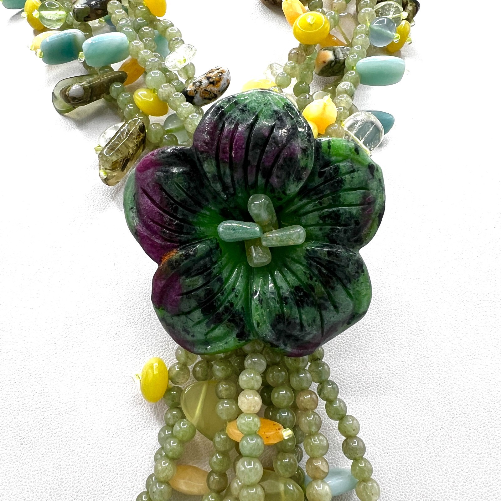 Green and Purple Beaded Flower Lariat Necklace – Mineral & Glass Bib Statement