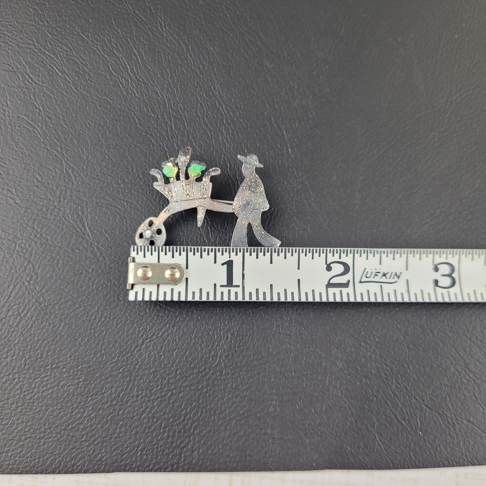 Vintage Man With Flower Cart Brooch Signed 980 Thin Silver Tarnished C Clasp