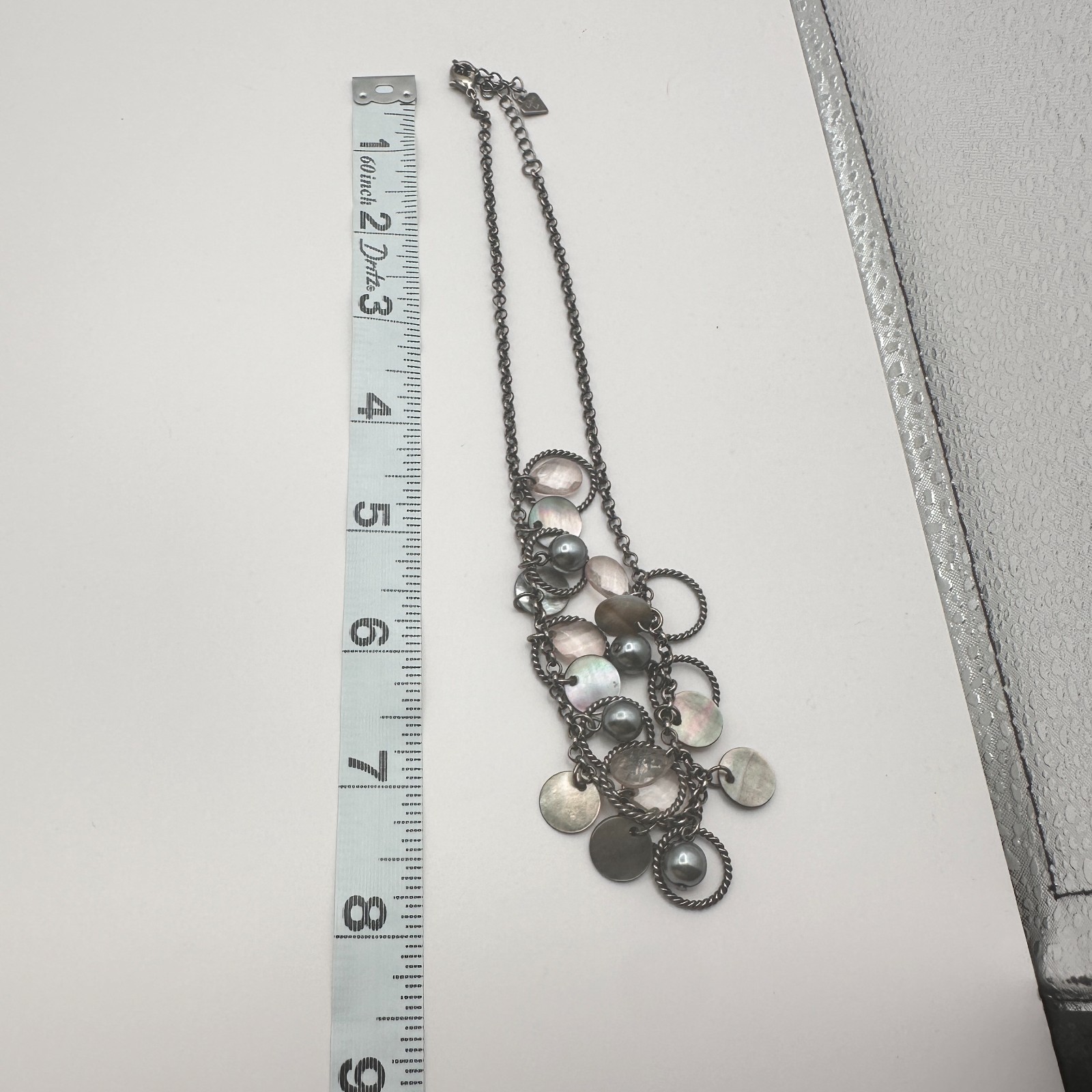 VTG Gunmetal Faux Tahitian Pearl Rose Quartz Choker Bib Necklace Charm Fringe