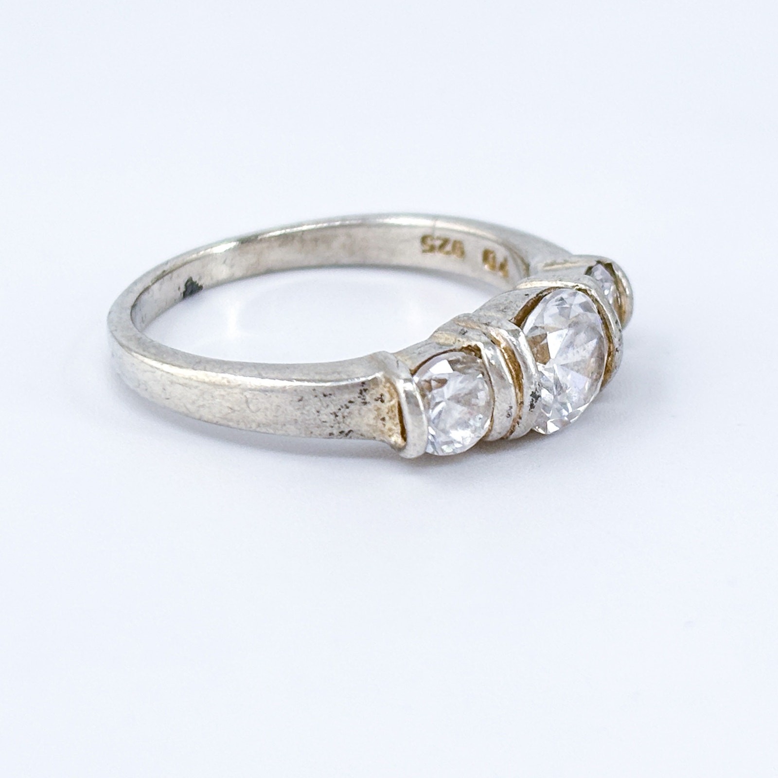 Vintage Sterling Silver 925 White Crystal Three Stone Ring Size 10
