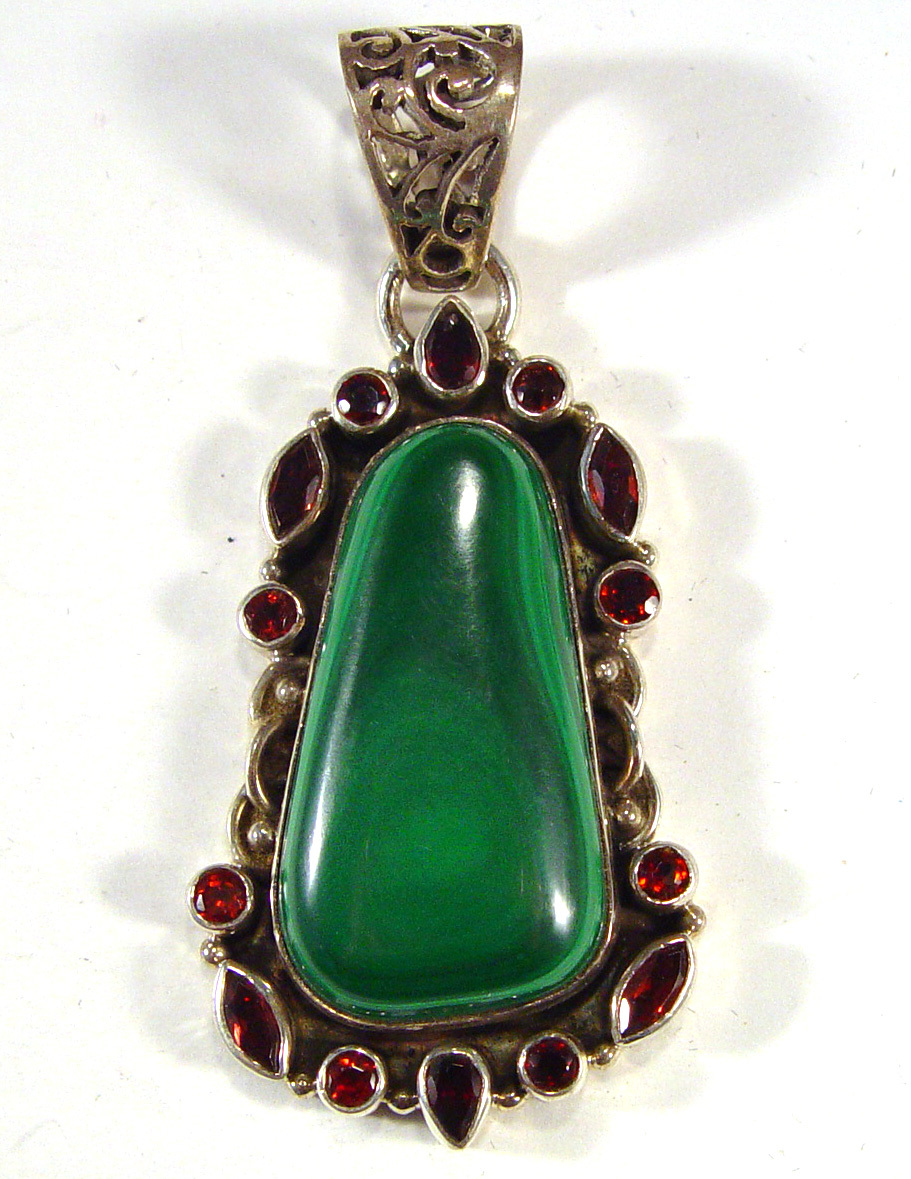 Sterling silver pendant, malachite with garnets, 2 3/8 inches long, 22.75 grams