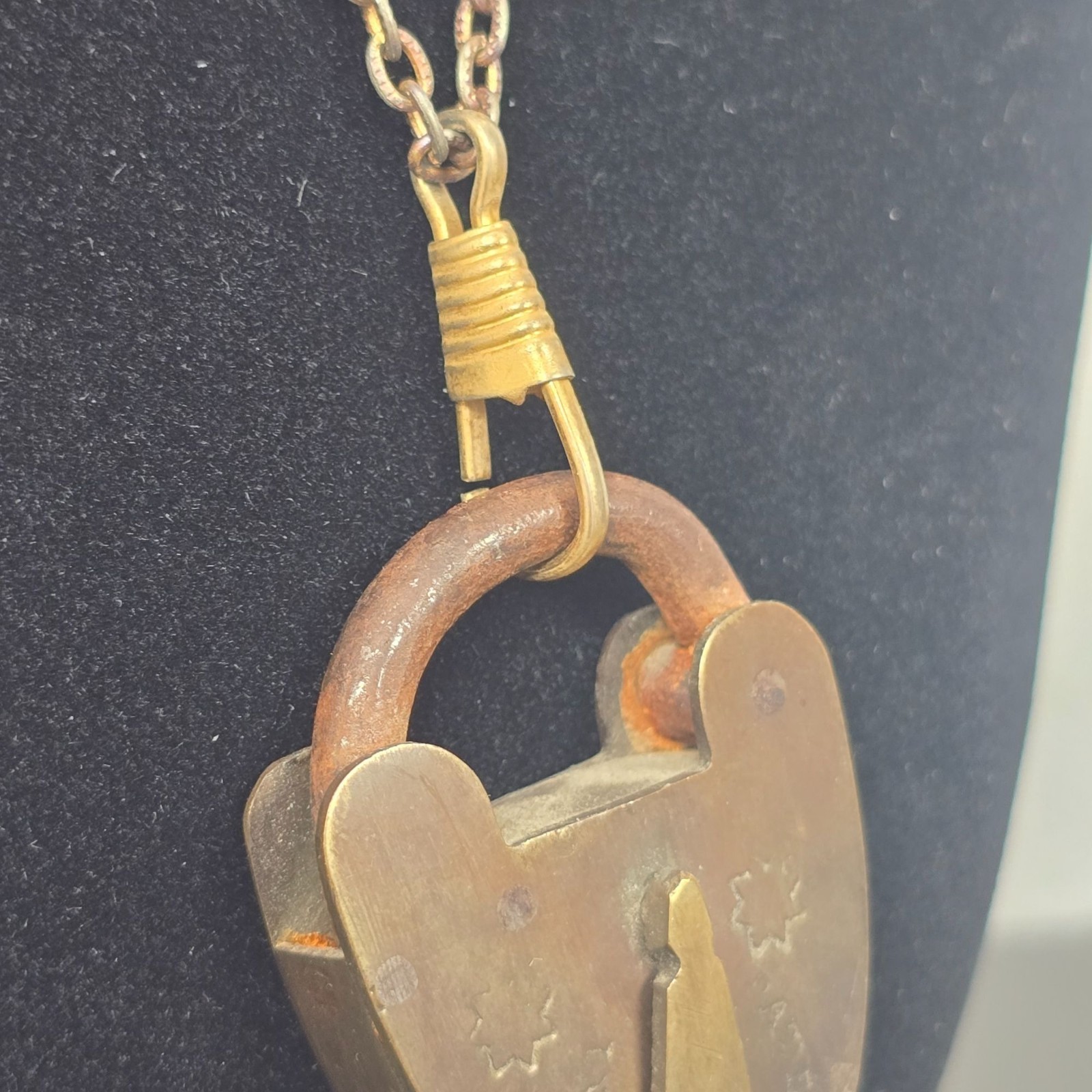 Vintage 19th Century Brass & Iron VR Crown Heart Padlock Pendant Chain Necklace
